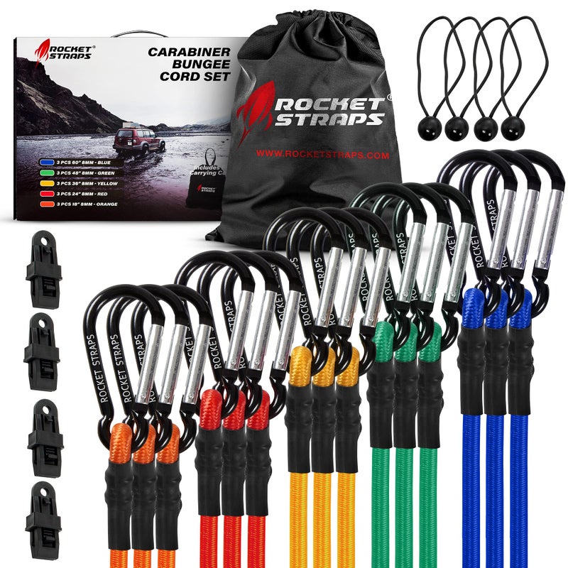 ROCKET STRAPS Bungee Cords Premium Heavy Duty Outdoor Carabiner Bungee Cords with Hooks Bungee Cord Assortment Includes Tie Downs Ball Bungees 4 Tarp Clips Bungie Cord Straps