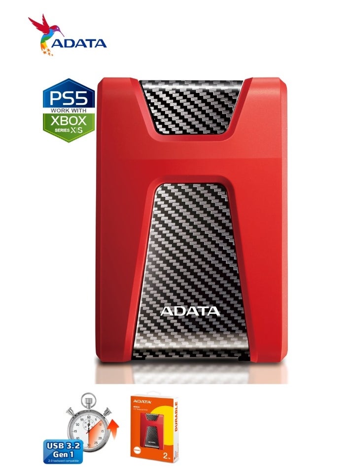 أداتا - HD650 قرص صلب خارجي متين بسعة 2 تيرابايت | القرص الصلب المضاد للصدمات | متوافق مع PS5 XBOX | أحمر - Image 1
