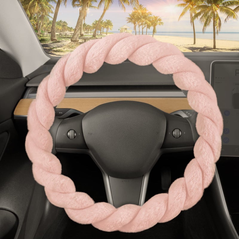 Carbella Twisted Fur Soft Pink Steering Wheel Cover Standard 15 Inch Size Fits Most Vehicles Fuzzy Fluffy Car Steering Cover with Soft Faux Fur Touch Car Accessories for Women