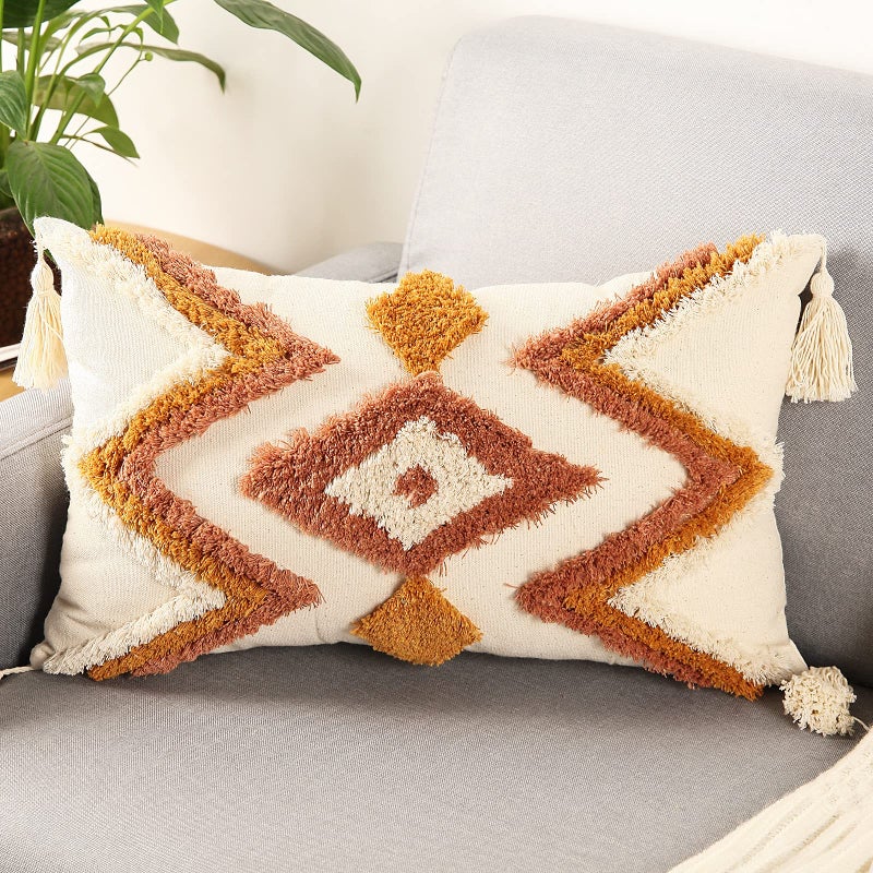 Merrycolor Boho Lumbar Throw Pillow Cover 12x20 inchBohemian Tufted Decorative Pillow Covers with Tassels for Couch Sofa Bedroom Living Room