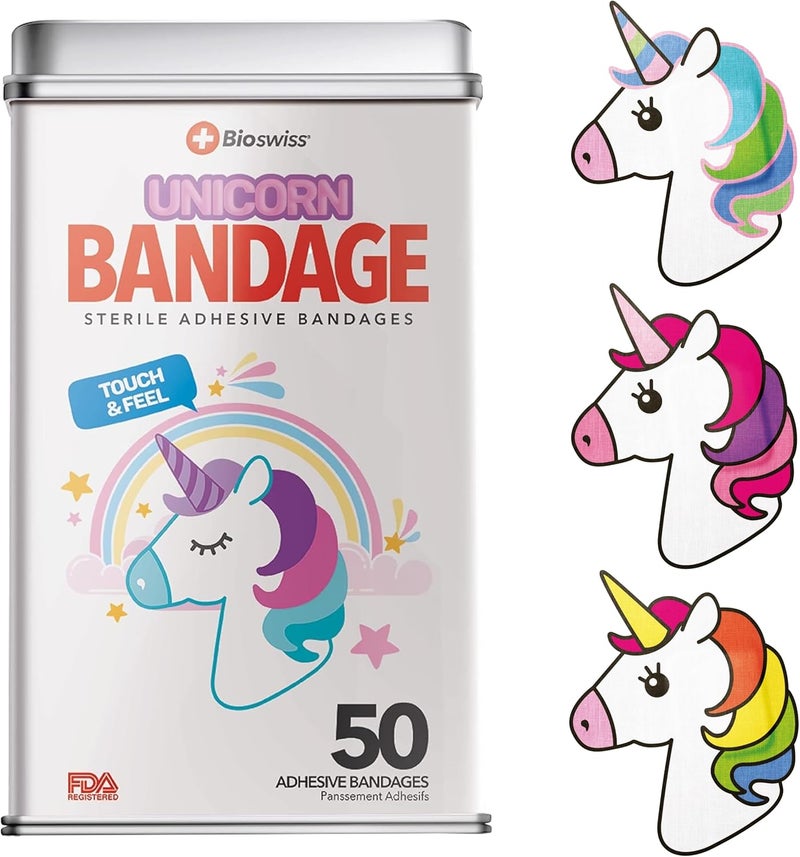 BioSwiss Bandages Unicorn Shaped Self Adhesive Bandage Latex Free Sterile Wound Care Fun First Aid Kit Supplies for Kids 50 Count - Image 1