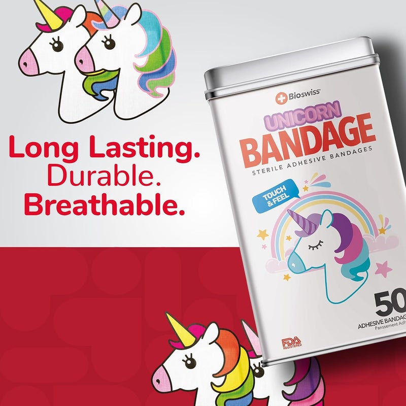 BioSwiss Bandages Unicorn Shaped Self Adhesive Bandage Latex Free Sterile Wound Care Fun First Aid Kit Supplies for Kids 50 Count - Image 5