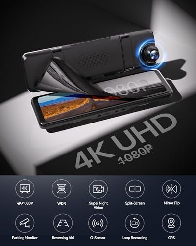 REDTIGER T700 Rear View Mirror Camera 11'' 4K UHD Front and 1080P Mirror Dash Cam Front and Rear, GPS,Parking Monitor,Night Vision,Smart Reverse Parking Assistance,Touch Screen, 32 GB Card - Image 2