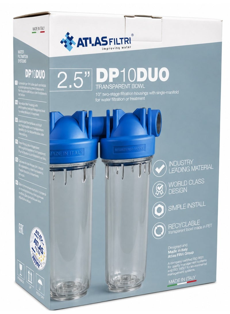 Atlas Filtri 2.5" DP10 DUO Transparent Bowl 10" Two-Stage Filtration Housing for Water Filtration or Treatment