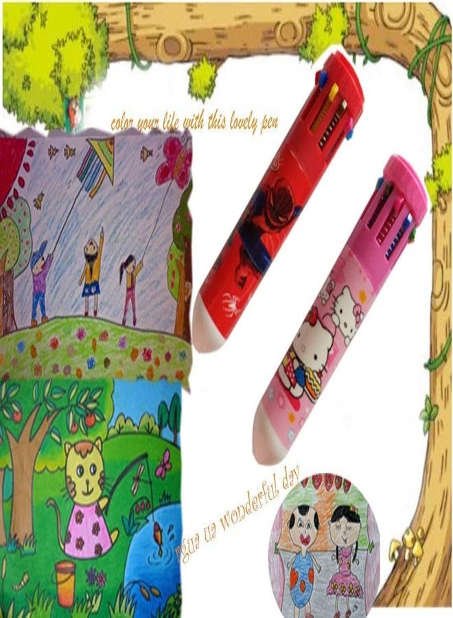 AK Store (2-Pack) Cartoon Design Multicolor 10-In-1 Retractable Ballpoint Pen for Kids, Birthday Return Gifts - Image 4