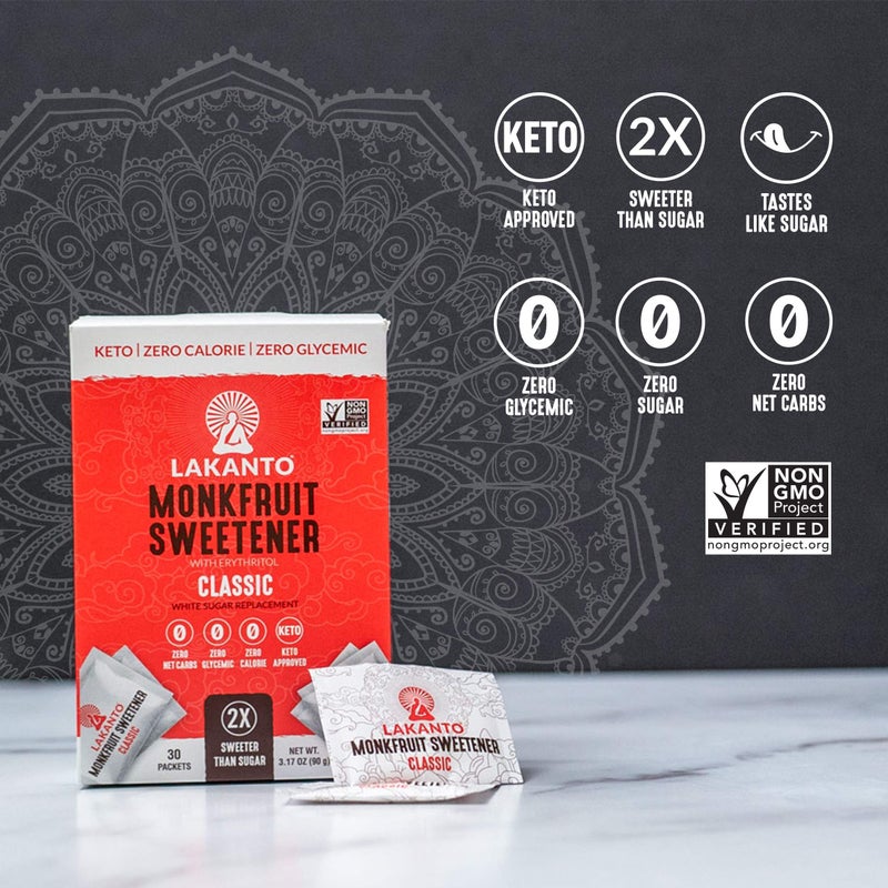 Lakanto Classic Monk Fruit Sweetener with Erythritol Sweetener Packets - White Sugar Replacement, Zero Net Carbs, Calories, Sweeten on the Go, Coffee, Lemonade, Tea, Desserts - Classic (3g - 30 Count) - Image 4