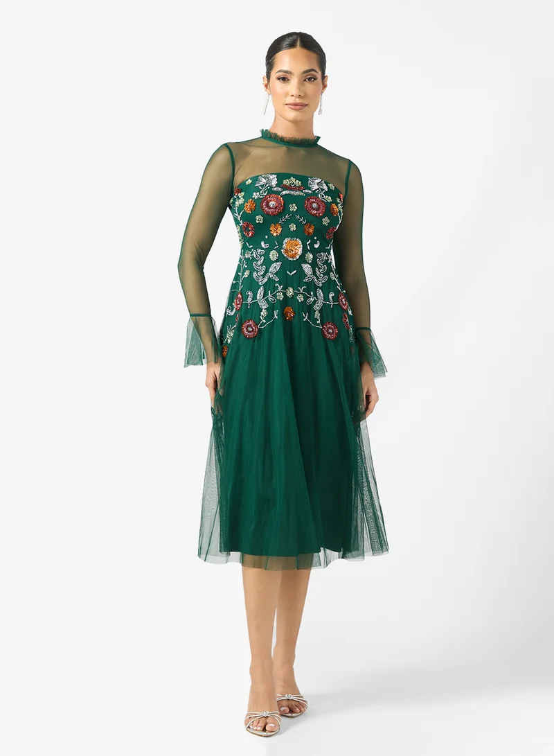 Frock and Frill Mesh Detailed Embellished Dress