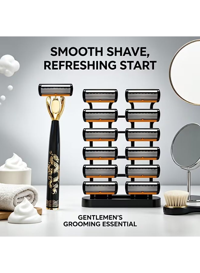 Temu 6-Blade Men's Razors, 12-Piece Manual Razor Set with Stainless Steel Blades, Eastern Dragon Design, Washable Shavers for Beard, Mustache & Coarse Hair - Image 2