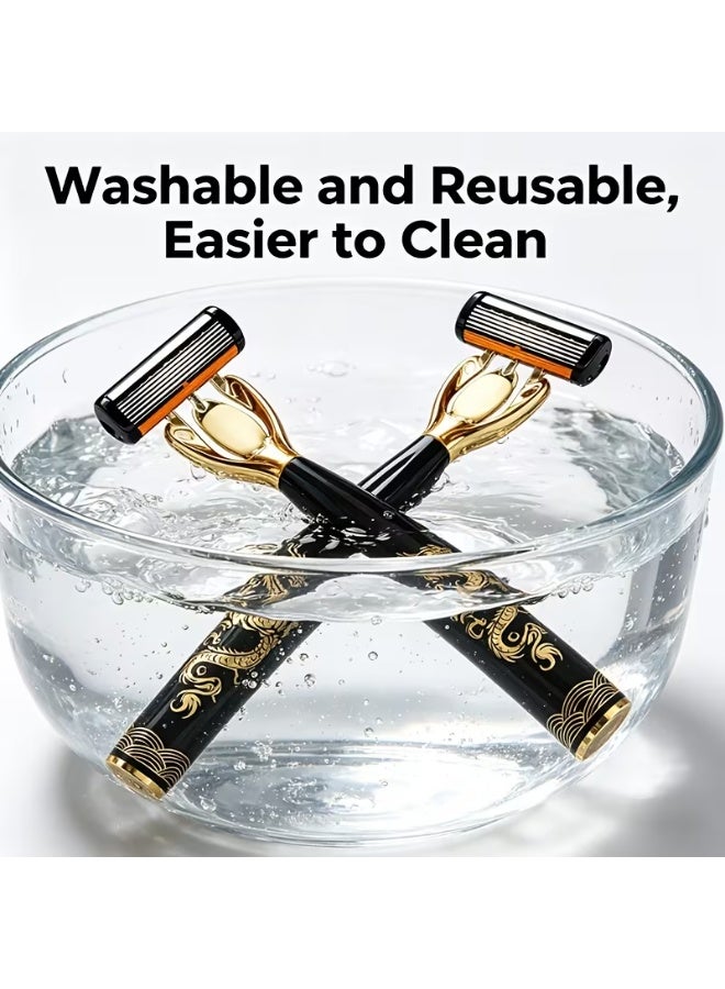 Temu 6-Blade Men's Razors, 12-Piece Manual Razor Set with Stainless Steel Blades, Eastern Dragon Design, Washable Shavers for Beard, Mustache & Coarse Hair - Image 4