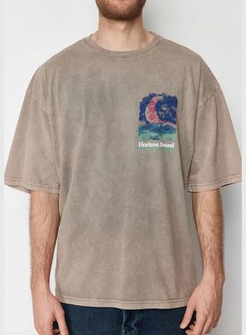 trendyol Mink Men's Knitted Oversize/Wide Cut Antique/Pale Effect 100% Cotton T-shirt TMNSS24TS00150