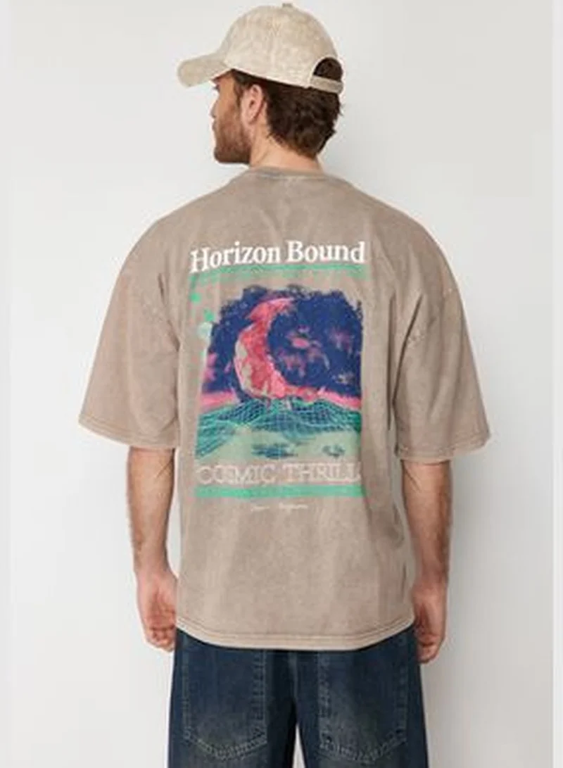 trendyol Mink Men's Knitted Oversize/Wide Cut Antique/Pale Effect 100% Cotton T-shirt TMNSS24TS00150