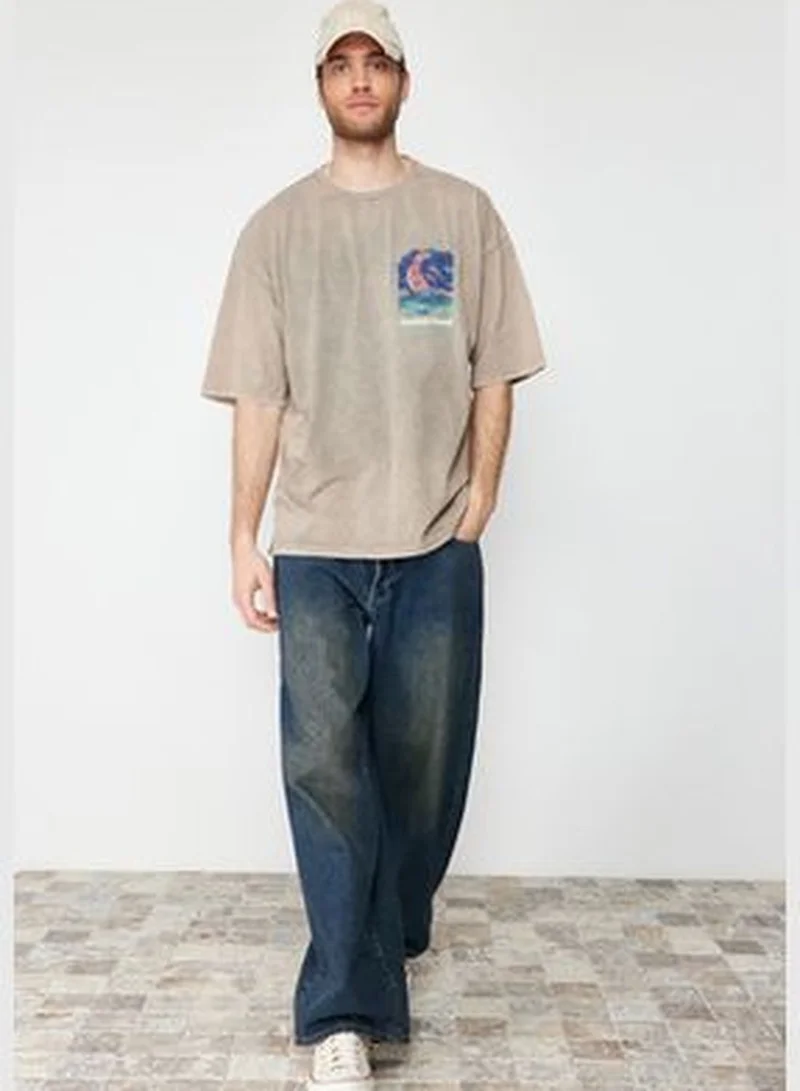 trendyol Mink Men's Knitted Oversize/Wide Cut Antique/Pale Effect 100% Cotton T-shirt TMNSS24TS00150