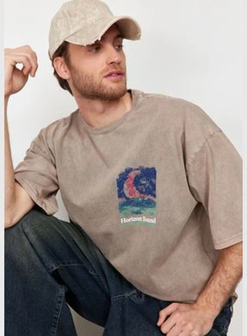 trendyol Mink Men's Knitted Oversize/Wide Cut Antique/Pale Effect 100% Cotton T-shirt TMNSS24TS00150