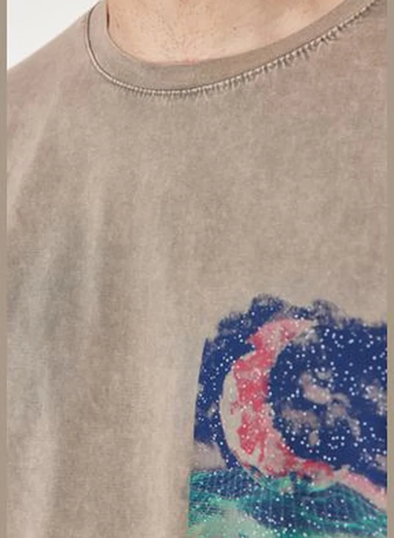 trendyol Mink Men's Knitted Oversize/Wide Cut Antique/Pale Effect 100% Cotton T-shirt TMNSS24TS00150
