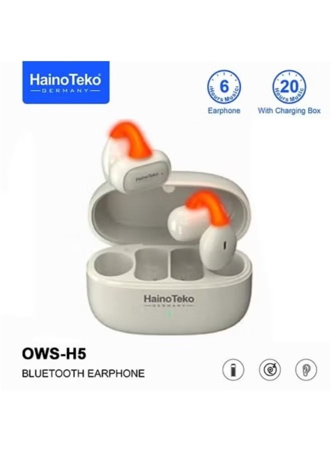 Haino Teko OWS-H5 Bluetooth Earphones with High-Quality Sound, Super Clear Mic, and Touch Controls – Stylish & Comfortable White Wireless Earphones for Music, Calls, and Sports. - Image 1