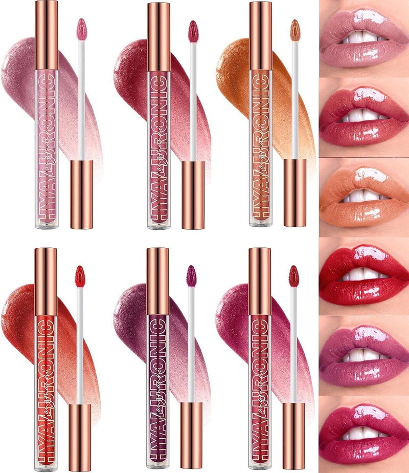 6Pcs Lasting Plump Lip Gloss SetHyaluronic Acid Crushed Sparkly Lipstick GlossNonSticky Moisturizing Full Color Lipstick SetsHigh Shine Clear Looking for Women A