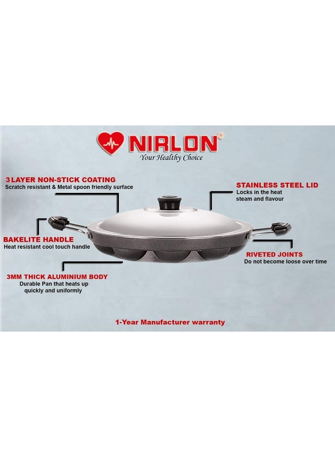 Nirlon Non-Stick Heavy Duty 12 Cavity Appam Pan Appa Patra Paniyarakkal Paniyaram with Side Handles with Steel Lid (Aluminium, 22.5 cm) - Image 2