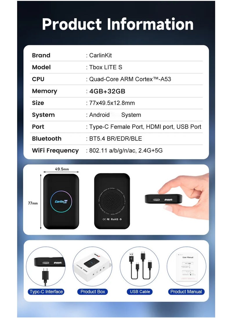Carlinkit - CarlinKit Lite S Android TV Box 5-In-1 4GB RAM + 32GB ROM Wireless Adapter Support Netflix IPTV Wireless Android Auto&CarPlay Dongle For Car Radio HDMI Output 1080P - Image 1