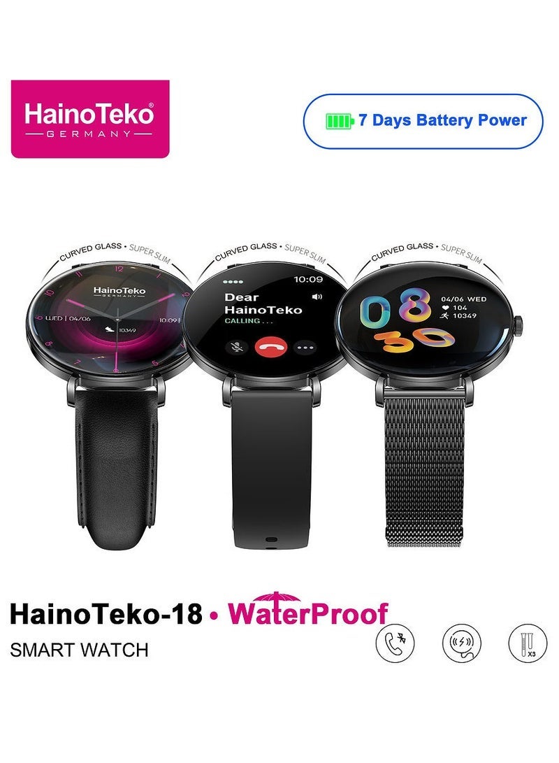 Haino Teko HainoTeko-18 Waterproof Smart Watch for Ladies – Stylish Black Design with Round AMOLED Display, Bluetooth Calling Support, 3 Interchangeable Straps, Health & Fitness Monitoring, Magnetic Charging Cable, Long Battery Life, Compatible with Android & iOS - Image 2