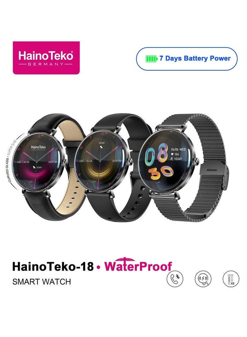 Haino Teko HainoTeko-18 Waterproof Smart Watch for Ladies – Stylish Black Design with Round AMOLED Display, Bluetooth Calling Support, 3 Interchangeable Straps, Health & Fitness Monitoring, Magnetic Charging Cable, Long Battery Life, Compatible with Android & iOS - Image 1