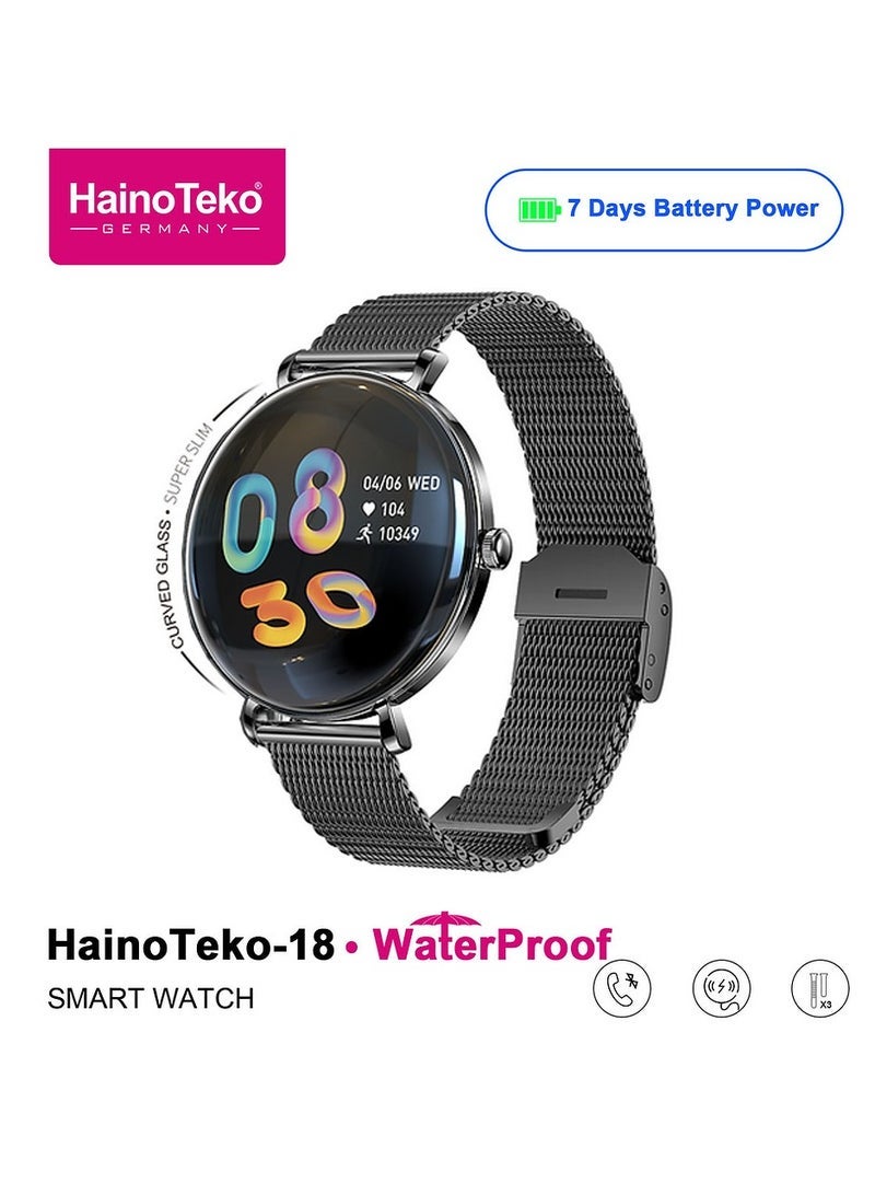 Haino Teko HainoTeko-18 Waterproof Smart Watch for Ladies – Stylish Black Design with Round AMOLED Display, Bluetooth Calling Support, 3 Interchangeable Straps, Health & Fitness Monitoring, Magnetic Charging Cable, Long Battery Life, Compatible with Android & iOS - Image 3