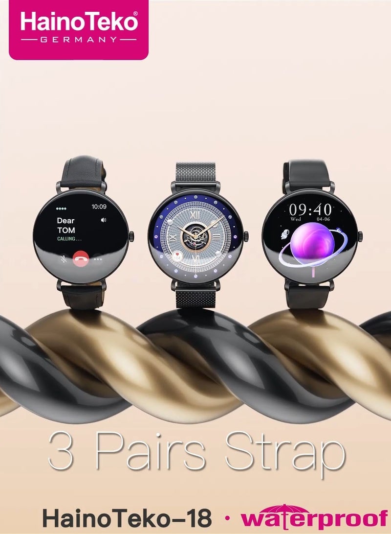 Haino Teko HainoTeko-18 Waterproof Smart Watch for Ladies – Stylish Black Design with Round AMOLED Display, Bluetooth Calling Support, 3 Interchangeable Straps, Health & Fitness Monitoring, Magnetic Charging Cable, Long Battery Life, Compatible with Android & iOS - Image 4