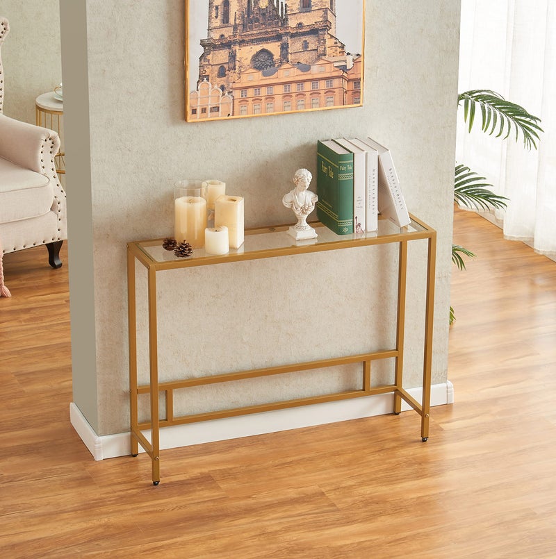 MAJARO Small Modern Console Table for Entryway, Tempered Glass with Metal Frame Sofa Table for Living Room, Hallway, Office (Single-Layer, Gold) - Image 2