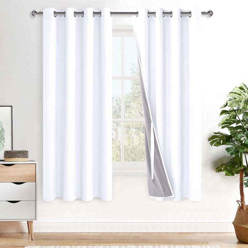 XWZO 100 Blackout Curtains 63 Inches Length with Tiebacks Full Shade Window Drapes Thermal Insulated Double Layer with Black Liner for BedroomLiving Room Grommet Top White W52 x L63 Set of 2