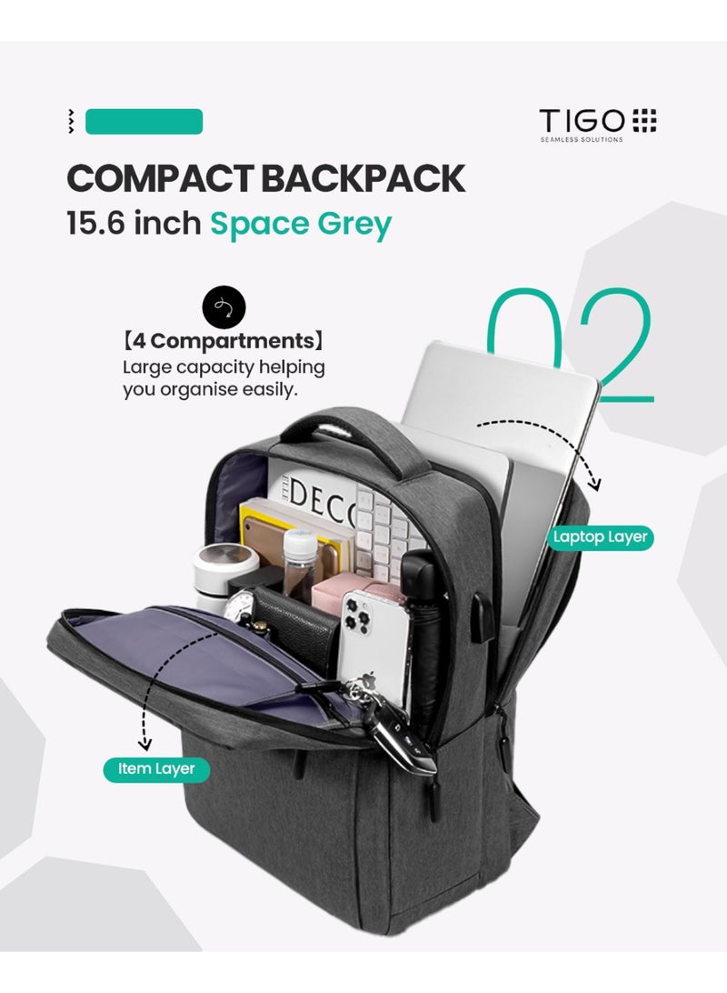 T I G O 15.6'' Laptop Backpack Travel Notebook Computer Backpack Men Women Water Resistant Business Laptop Bag With USB Charging Port College School Casual Daypack Student Bookbag for Teens Boys Girls Spac Grey - Image 2