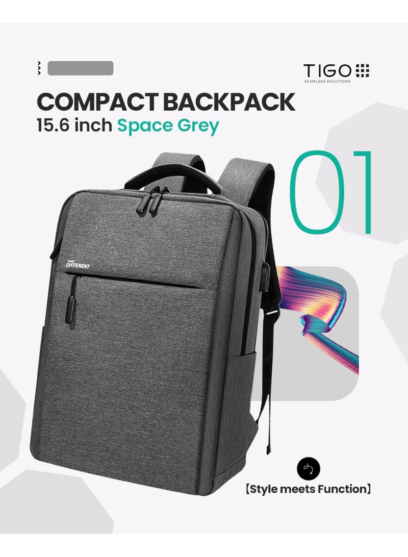 T I G O 15.6'' Laptop Backpack Travel Notebook Computer Backpack Men Women Water Resistant Business Laptop Bag With USB Charging Port College School Casual Daypack Student Bookbag for Teens Boys Girls Spac Grey - Image 1