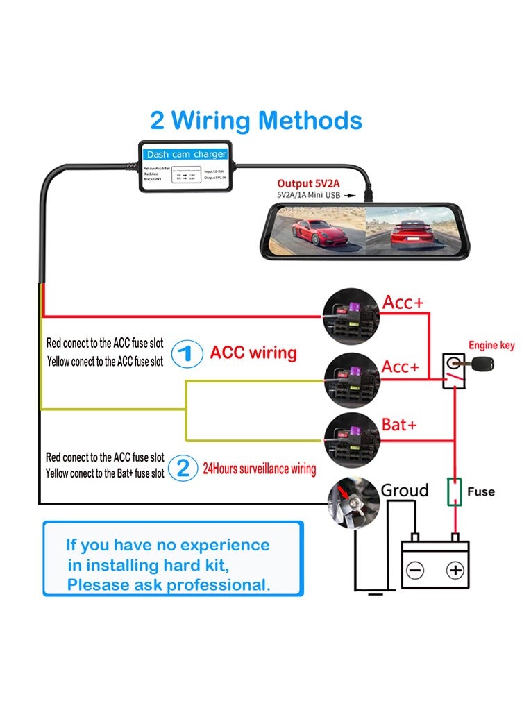 Dash Cam Hardwire Kit Mini USB Hard Wire Kit Fuse for Dashcam and 8 Fuse Tap Cable and Installation Tool 11.5ft 12V-30V to 5V/2A Mini-USB Port Charger Power Cord - Image 4