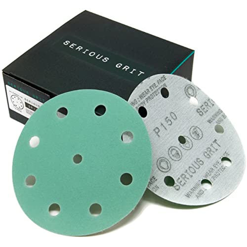 Serious Grit - 5-Inch 9-Hole 150 Grit Sanding Discs - Heavy-Duty Hook & Loop Film Discs - Sandpaper for Random Orbital Sanders - 50 Pack Box - Image 1