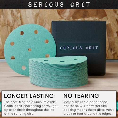 Serious Grit - 5-Inch 9-Hole 150 Grit Sanding Discs - Heavy-Duty Hook & Loop Film Discs - Sandpaper for Random Orbital Sanders - 50 Pack Box - Image 4