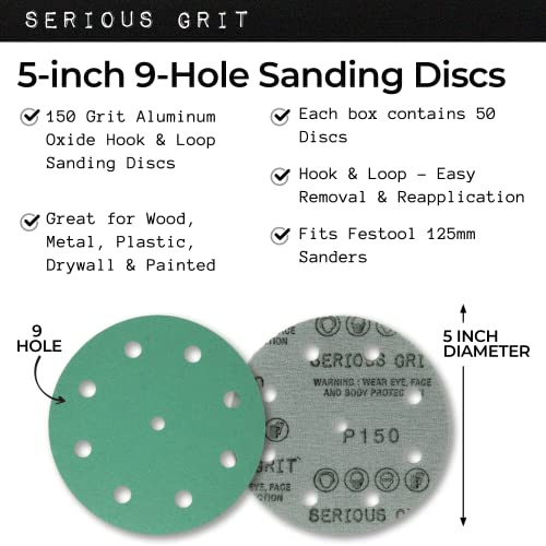 Serious Grit - 5-Inch 9-Hole 150 Grit Sanding Discs - Heavy-Duty Hook & Loop Film Discs - Sandpaper for Random Orbital Sanders - 50 Pack Box - Image 2