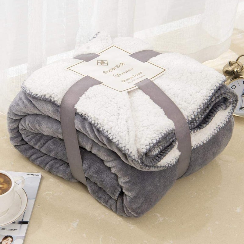 EDS Sherpa Fleece Throw Blanket Double Size Super Soft Warm Sofa Throw Reversible Bed Throws For Bed Sofa Couch  Grey Double 150 X 200