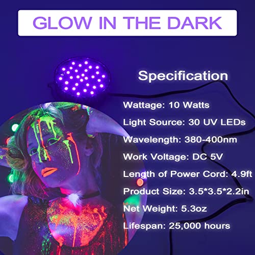 CICINY Led Black Light Light, 10W USB Hangable UV Blacklights with Hook, Black Light Lamp for Glow Party, Glow in The Dark Halloween Decorations, Room, Body Paint, Poster, Pet Urine Detection - Image 2