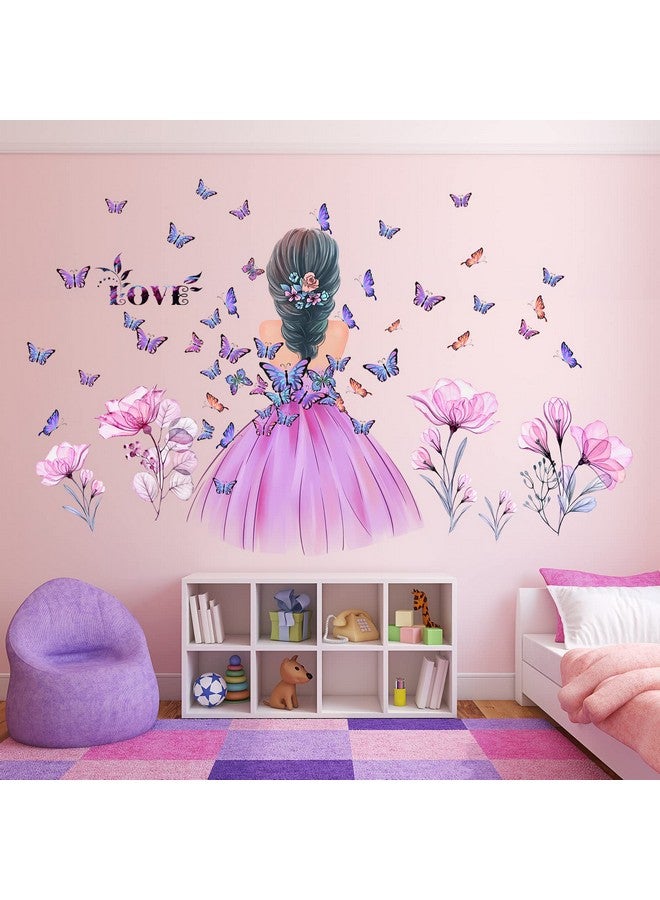 Amtoodopin Butterfly Girl Wall Stickers Flower Fairy Wall Decal Pink Floral Wall Mural Colorful Butterflies Wall Decor Diy Removable Vinyl Wall Art For Girls Baby Nursery Bedroom Playroom - Image 1