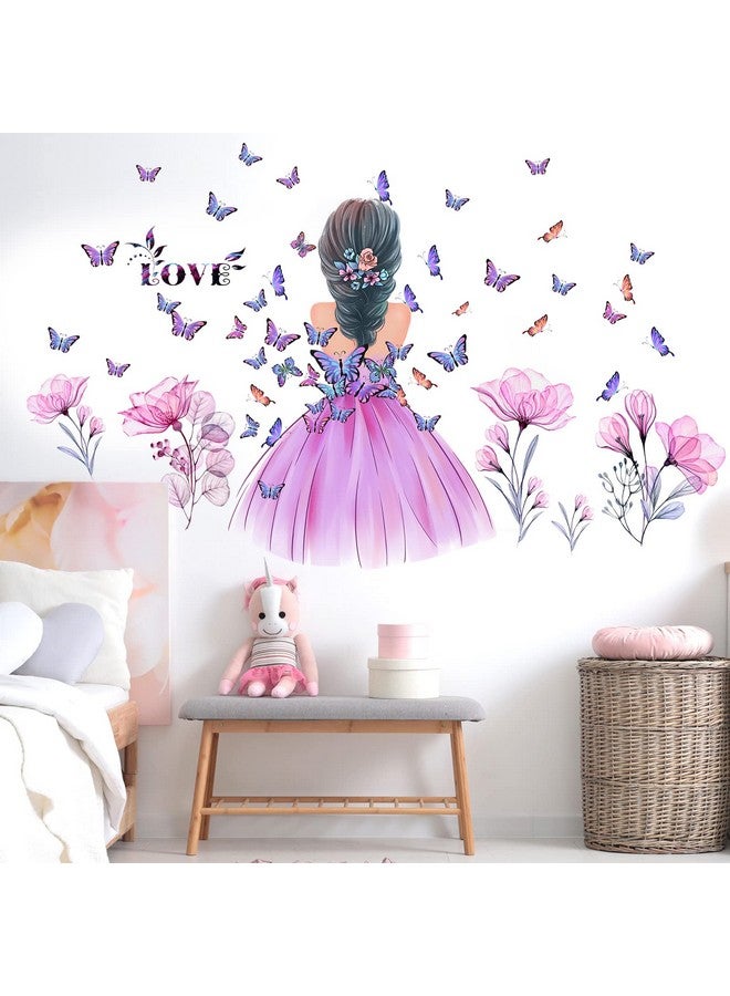 Amtoodopin Butterfly Girl Wall Stickers Flower Fairy Wall Decal Pink Floral Wall Mural Colorful Butterflies Wall Decor Diy Removable Vinyl Wall Art For Girls Baby Nursery Bedroom Playroom - Image 5