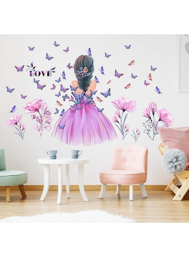 Amtoodopin Butterfly Girl Wall Stickers Flower Fairy Wall Decal Pink Floral Wall Mural Colorful Butterflies Wall Decor Diy Removable Vinyl Wall Art For Girls Baby Nursery Bedroom Playroom - Image 3