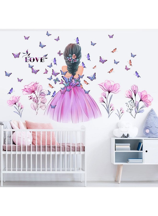 Amtoodopin Butterfly Girl Wall Stickers Flower Fairy Wall Decal Pink Floral Wall Mural Colorful Butterflies Wall Decor Diy Removable Vinyl Wall Art For Girls Baby Nursery Bedroom Playroom - Image 4