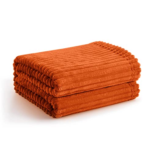 Vessia Flannel Fleece Orange Throw Blanket for Couch Lightweight Warm Cozy Soft Striped Bed Throw for Adults and Kids Microfiber Ribbed Sofa Blanket for All Season