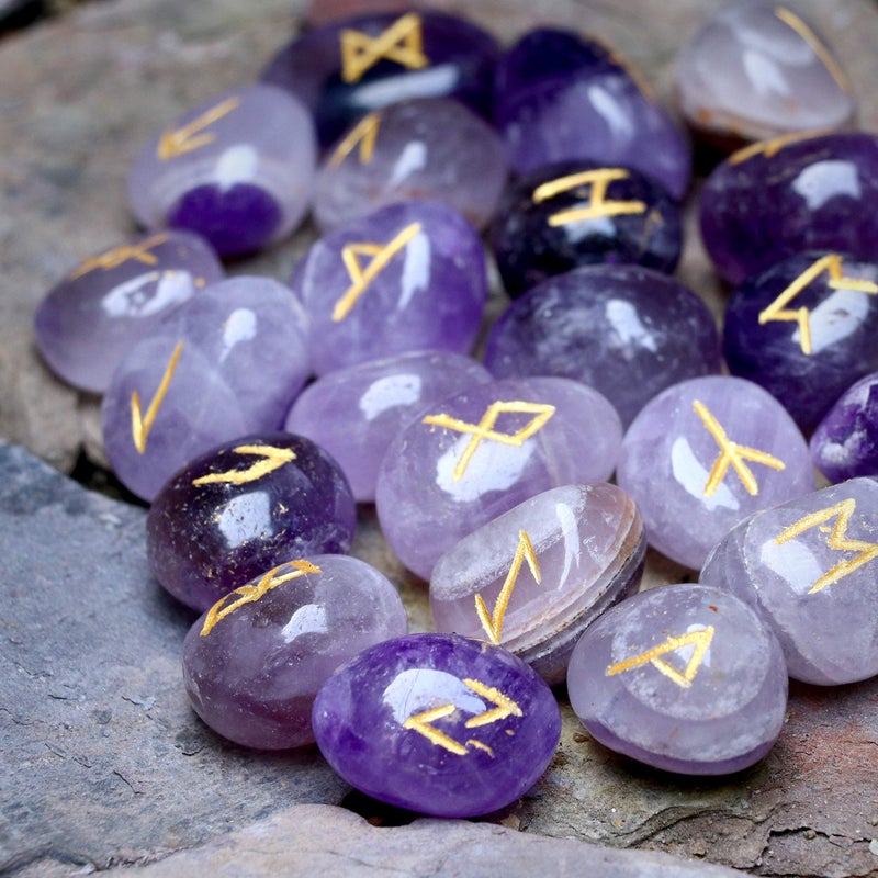Crocon Amethyst Gemstone Rune Stones Set with Elder Futhark Alphabet Engraved Symbol 25 pcs Set for Feng Shui Chakra Balancing Reiki Healing Crystal Runes Stones Set Size 1520 mm
