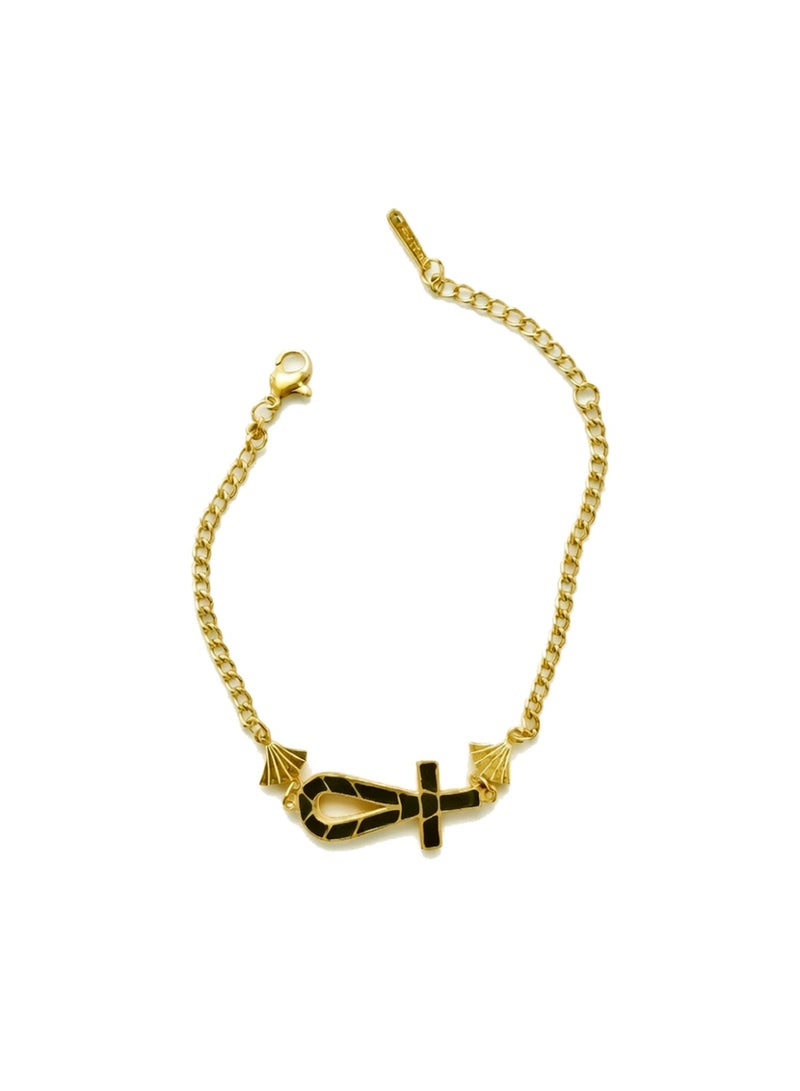 Julia Store 18K Gold Plated Stainless Steel Aesthetic Exquisite Luxury Elegant Vintage Ancient Egyptian Ankh Key Of Life Enamel Bracelet for Women Men Lucky Amulet Ancient Egyptian Jewelry Gift-Black - Image 1