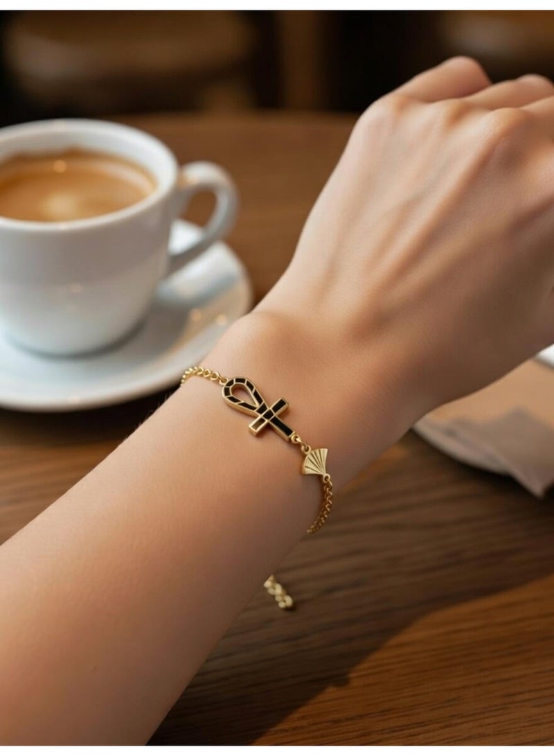 Julia Store 18K Gold Plated Stainless Steel Aesthetic Exquisite Luxury Elegant Vintage Ancient Egyptian Ankh Key Of Life Enamel Bracelet for Women Men Lucky Amulet Ancient Egyptian Jewelry Gift-Black - Image 4