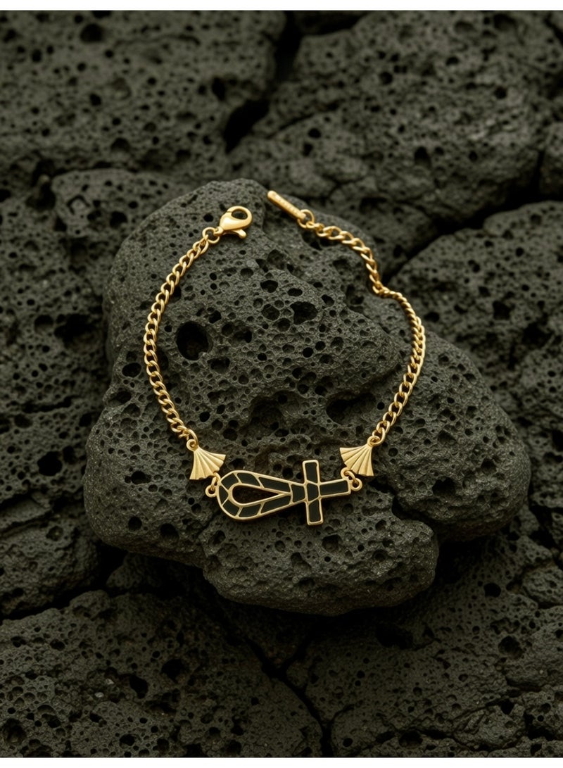 Julia Store 18K Gold Plated Stainless Steel Aesthetic Exquisite Luxury Elegant Vintage Ancient Egyptian Ankh Key Of Life Enamel Bracelet for Women Men Lucky Amulet Ancient Egyptian Jewelry Gift-Black - Image 5