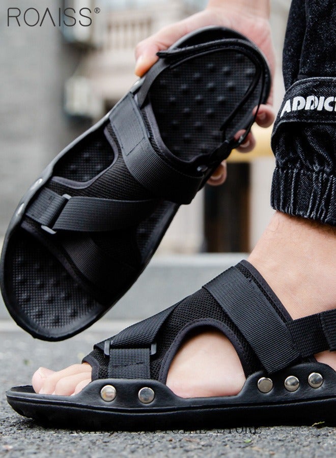 رويس صنادل منزلية للرجال بحزام للاستخدام الداخلي مصنوعة من الكتان غير قابلة للانزلاق ومقاومة للرائحة مع خاصية تدليك القدمين ونعل محكم، ونعل ناعم مريح، وأصابع مفتوحة قابلة للتهوية، صنادل كاجوال باللون الأسود - Image 1