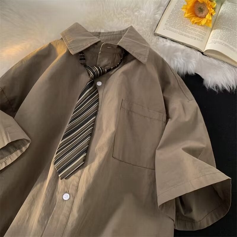 Popular Summer Thin Brown Short Sleeve Mens Preppy Style Loose Fit Japanese School Uniform Graduation Photo Button-Up Shirt Brown  - Image 1