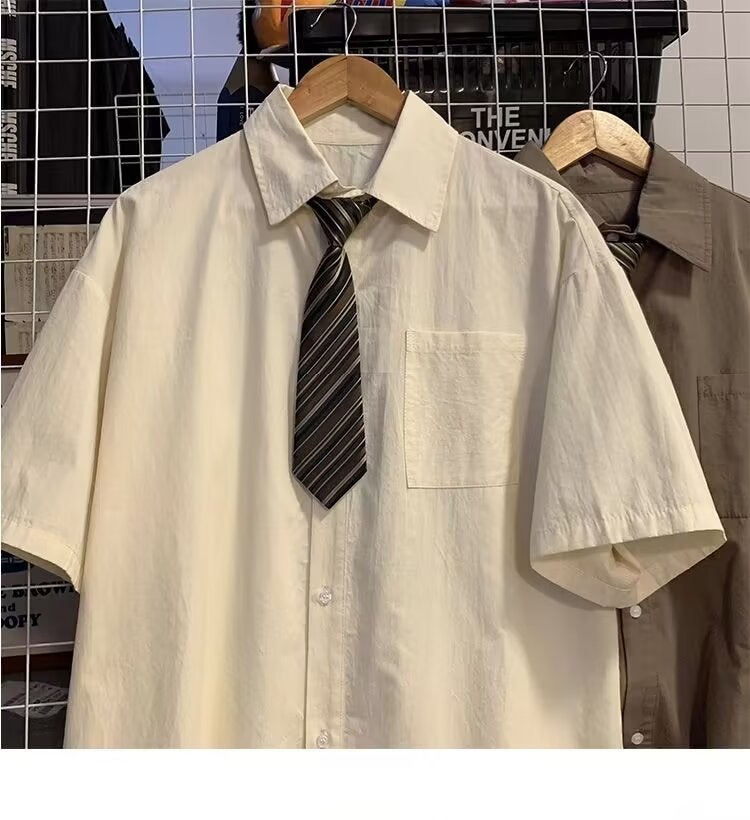 Popular Summer Thin Brown Short Sleeve Mens Preppy Style Loose Fit Japanese School Uniform Graduation Photo Button-Up Shirt Brown  - Image 3