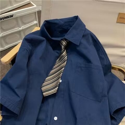 Popular Summer Thin Brown Short Sleeve Mens Preppy Style Loose Fit Japanese School Uniform Graduation Photo Button-Up Shirt Brown  - Image 2