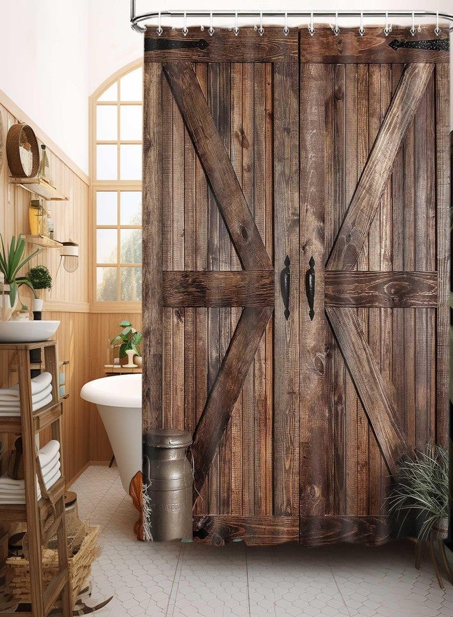 Jipusai Rustic Barn Door Shower Curtain Set for Bathroom, Farmhouse Arts Bathroom Decor Curtains, Vintage Countryside Wood Board Waterproof Fabric Bath Curtains with Hooks 70 x72 inch - Image 2